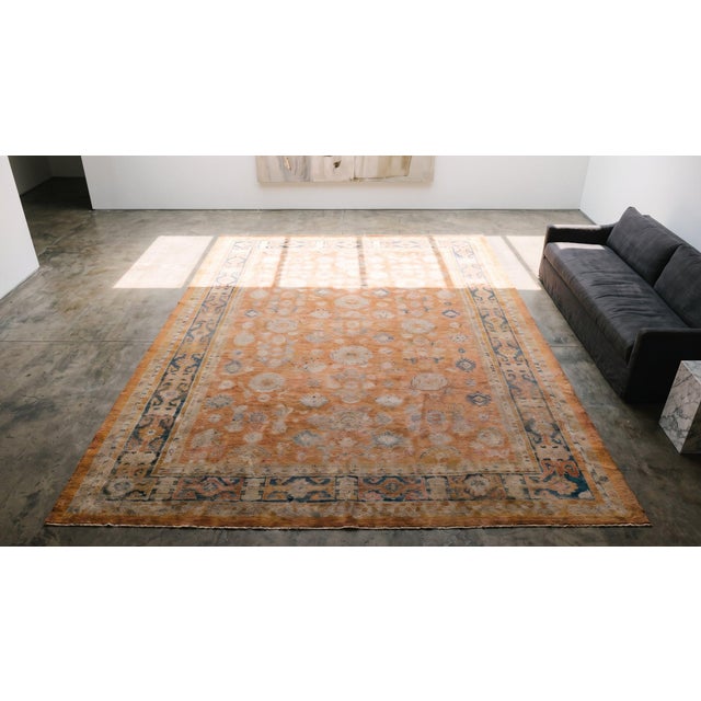 1880s Orange Salmon Geometric Tribal antiqueTurkish Decorative Angora Oushak Rug 9'9" X 13'3" Handknotted Wool Carpet For Sale - Image 10 of 11