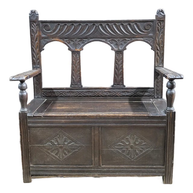 English Antique Oak Carved Bench/Settle With Storage Base For Sale