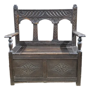 English Antique Oak Carved Bench/Settle With Storage Base
