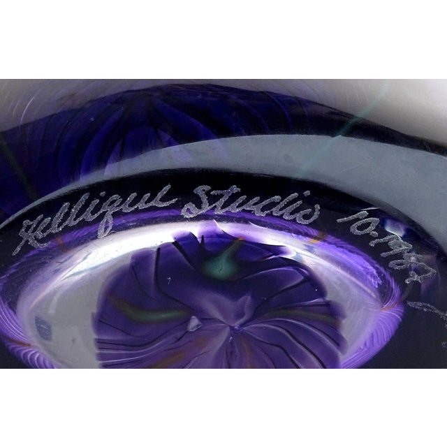 Zellique Studio Joseph Morel 1987 Signed Purple Blue Peacock Feather Vintage Art Glass Vanity Flower Vase For Sale In Orlando - Image 6 of 8