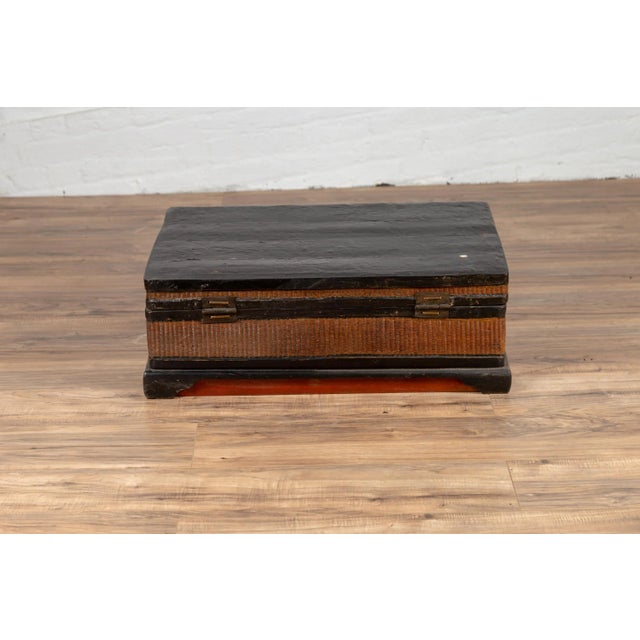 Chinese Chinese 1900s Wooden Treasure Chest With Rattan Accents and Dark Brass Hardware For Sale - Image 3 of 13
