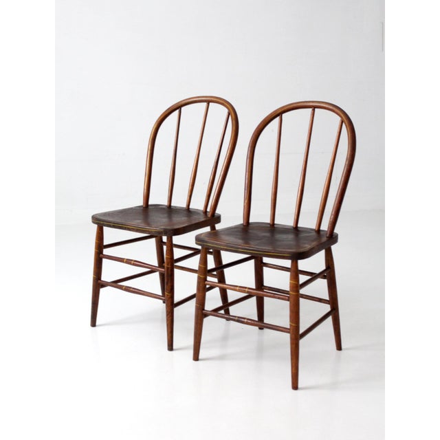 Farmhouse Vintage Windsor Bow Back Dining Chairs by Square Brand Pair For Sale - Image 3 of 18