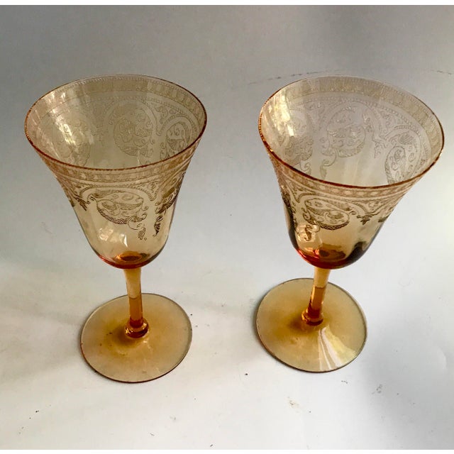 Glass Antique Needle Etch Amber Crystal Glasses - Set of 4 For Sale - Image 7 of 8