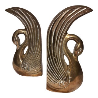 Vintage Art Deco Hollywood Regency Style Solid Brass Swan Bookends - a Pair For Sale