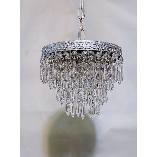 Mid-Century Modern Vintage Crystal Upside Down Waterfall Chandelier With Ornate Silver-Tone Rim For Sale - Image 3 of 10