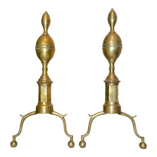 Pair of Antique 1700's Peened Brass Wrought Iron Federal Double Lemon Andirons For Sale