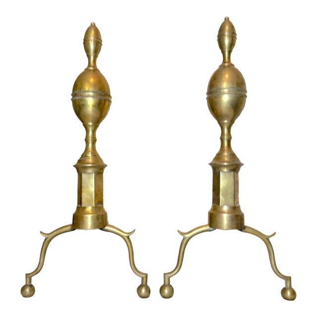 Pair of Antique 1700's Peened Brass Wrought Iron Federal Double Lemon Andirons For Sale