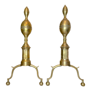 Pair of Antique 1700's Peened Brass Wrought Iron Federal Double Lemon Andirons