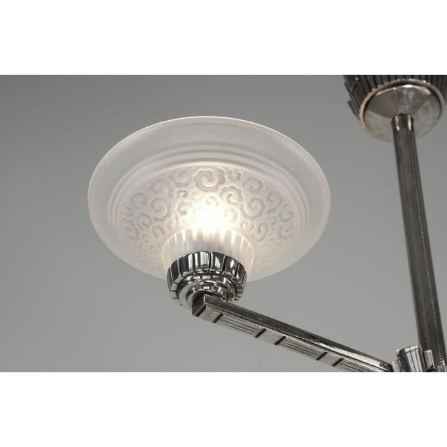 Muller Freres French Art Deco 3-Arm Chandelier 1930s - Volute Frosted Glass For Sale - Image 6 of 7
