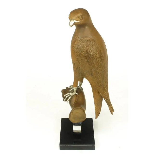 Contemporary Carved Wood & Silver Sculpture of Raptor Bird on Falconer's Hand For Sale - Image 3 of 9