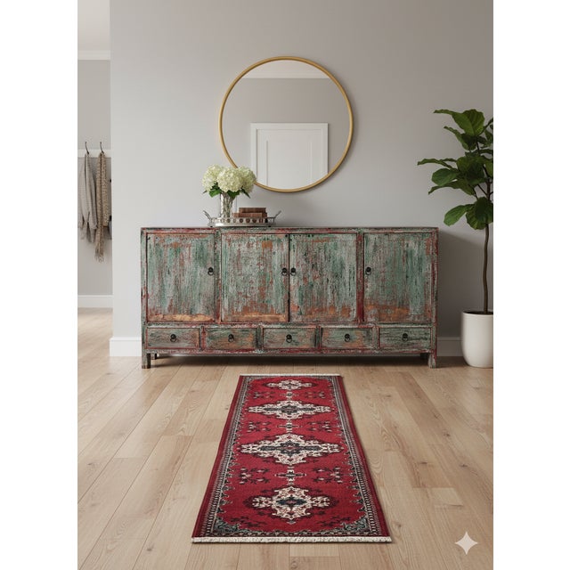 Textile Long Rectangular Red Geometric Medallion Graphic Wool Rug Carpet Runner For Sale - Image 7 of 13