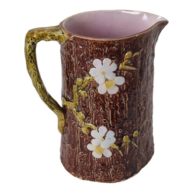 Large Size Antique American Victorian Majolica Dogwood Tree & Flower Pitcher For Sale