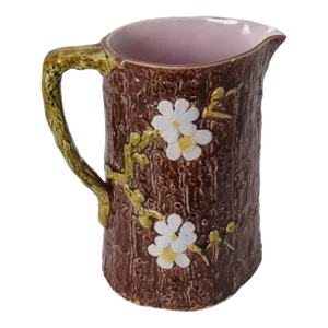 Large Size Antique American Victorian Majolica Dogwood Tree & Flower Pitcher