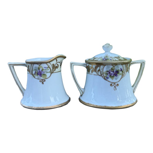 Antique Hand Painted Nippon Sugar and Creamer Set: Violets & Gold Floral For Sale