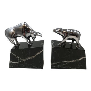 Bull & Bear Chrome Plated Brass on Marble Base Bookends - a Pair For Sale