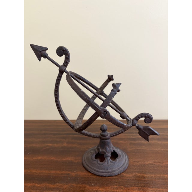 Rustic Iron Armillary Sphere Sundial on Pedestal – European Garden Accent For Sale - Image 9 of 11