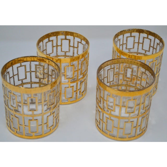 Mid-Century Modern 1960s Imperial Glass Shoji Trellis 22 Carat Gold Plated Bud Vase Cocktail Glasses Mixer Set - Set of 5 For Sale - Image 3 of 12