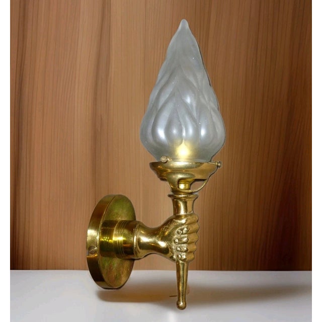 Bronze 1950's French Regency Bronze Hand Fist Torch Wall Sconce With Flame Shade For Sale - Image 8 of 14