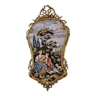 French Romantic Tapestry Wall Art With Ornate Gold Leaf Frame – Pastoral Love Scene For Sale