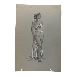 Original Signed Graphite Illustration of Glamorous Woman in Vintage Swimsuit, 12.5 X 8.5 In. For Sale