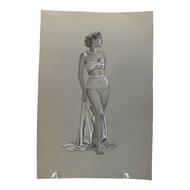 Original Signed Graphite Illustration of Glamorous Woman in Vintage Swimsuit, 12.5 X 8.5 In. For Sale