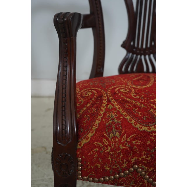 Set of 8 John Widdicomb Mahogany Inlaid Lyre Back Dining Chairs W. New Upholstery For Sale - Image 9 of 18