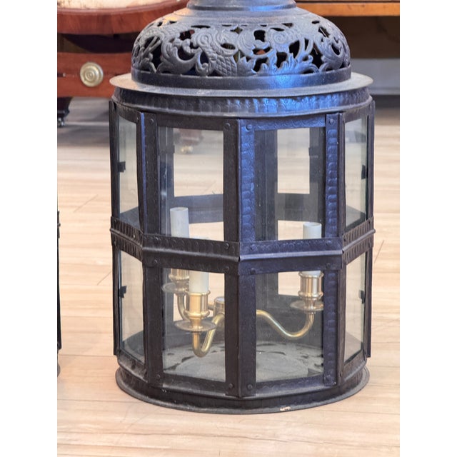 Pair of Late 19th / Early 20th Century German Pierced Metal Octagonal Lanterns For Sale - Image 10 of 11