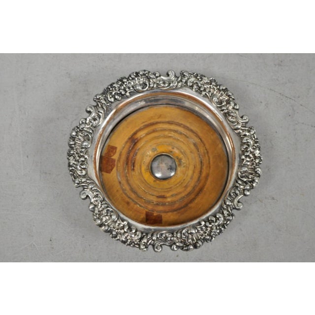 Antique English Victorian Silver Plated Floral Mahogany Bar Wine Bottle Coaster For Sale - Image 13 of 13