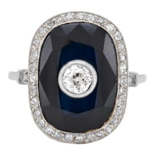 Antique Art Deco Cocktail Ring — 10-15ct Natural Sapphire & Old-Cut Diamond, Size 9.5 For Sale