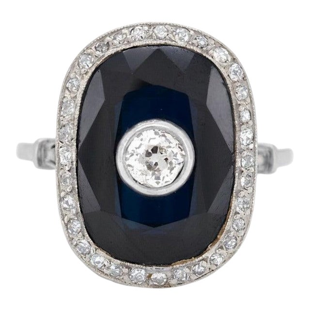 Antique Art Deco Cocktail Ring — 10-15ct Natural Sapphire & Old-Cut Diamond, Size 9.5 For Sale