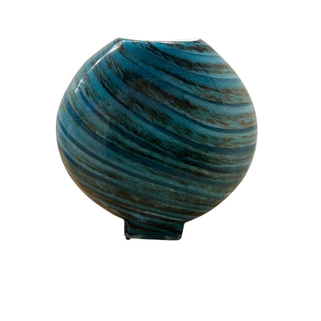 Contemporary Italian Murano Style Teal Swirl Hand-Blown Art Glass Vase Large Size For Sale - Image 3 of 3
