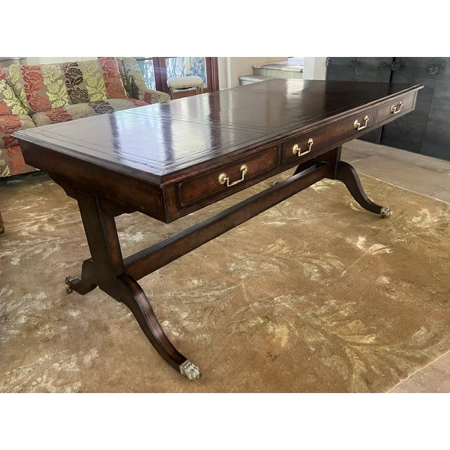 Animal Skin Maitland-Smith Embossed Leather Wrapped Partners Desk W/ Brass Hardware For Sale - Image 7 of 18