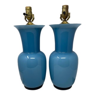 Pair of Blue Opaline Glass Lamps For Sale