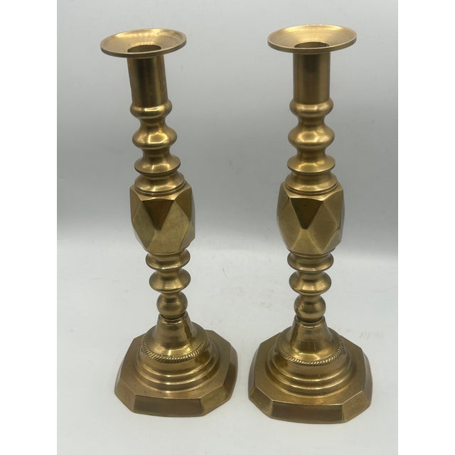 Brass Late 19th Century English "King of Diamond" Brass Candlesticks, 1897 Queen Victoria Diamond Jubilee – Pair For Sale - Image 8 of 12