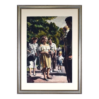 Large Watercolor Painting of People Walking in Park by Stephen Horvath 1949 For Sale