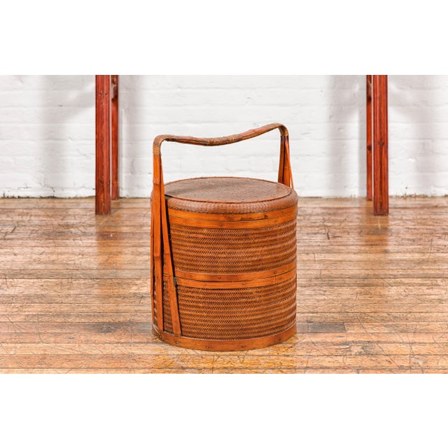 Chinese Two-Tiered Bamboo and Rattan Lidded Food Basket with Large Handle For Sale In New York - Image 6 of 12