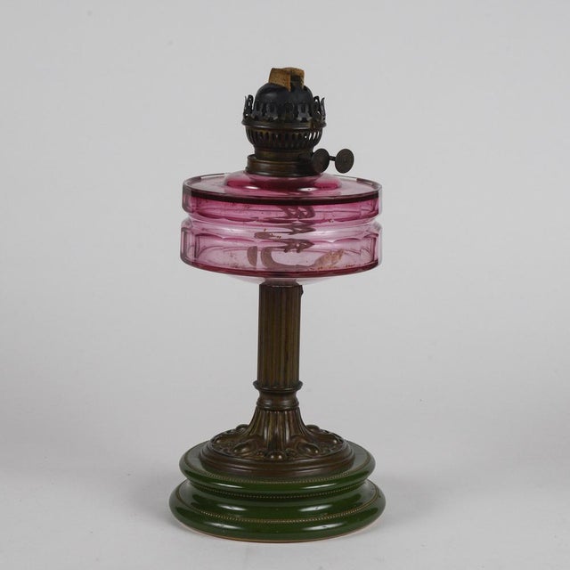 Original art nouveau ceramic, glass and metal oil lamp with original working double wick, measures 19 x h 38 art nouveau...