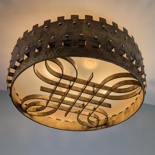 1940s Mid-Century Brutalist Ceiling Lamp in Gilded Wrought Iron, 1940s For Sale - Image 5 of 12
