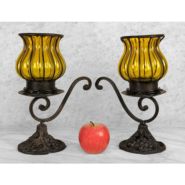 - A Pair of Late 20th Century Mantle Candle Holders - Wrought Iron Bases with Attractive Pierced Grapevine Motif - Caged...