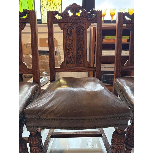 Brown Set of 4 - Antique Gothic Revival Carved Oak Hall Chairs - Leather Seat Nailhead For Sale - Image 8 of 8