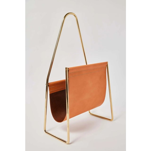 Mid-Century Modern Carl Auböck Model #3808 Brown Leather and Brass Magazine Rack For Sale - Image 3 of 12