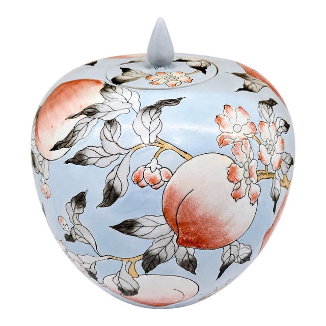 Vintage 9" Chinoiserie Powder Blue Porcelain Melon Ginger Jar - Hand-Painted Longevity Peach & Blossom Motif For Sale