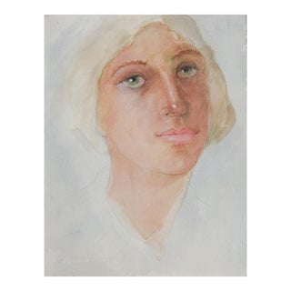 Late 20th Century Portrait Green Eyed Woman Watercolor Painting For Sale