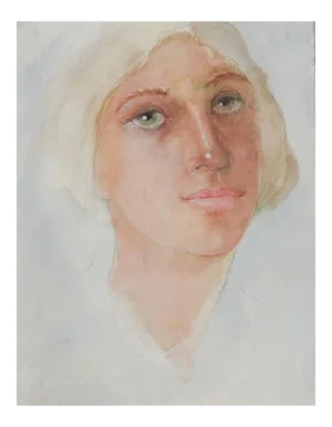 Late 20th Century Portrait Green Eyed Woman Watercolor Painting