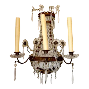19th Century Empire 3 Light Crystal Floral Sconces