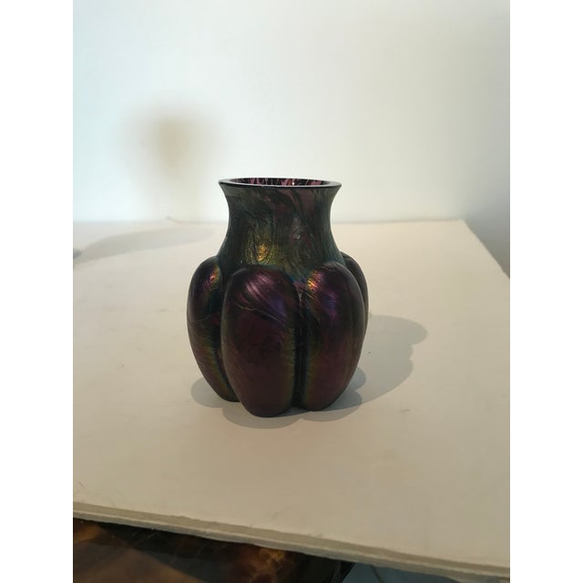 Art Nouveau Art Nouveau Iridescent Bulbous Art Glass Vase Melon-Ribbed Plum, Green For Sale - Image 3 of 4