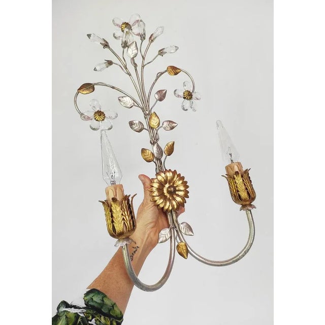 Italian Wall Light in Silver and Gold Metal with Flowers, 1980s For Sale - Image 4 of 8