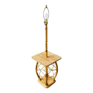 1980s Bamboo Rattan Floor Lamp Table Combo For Sale