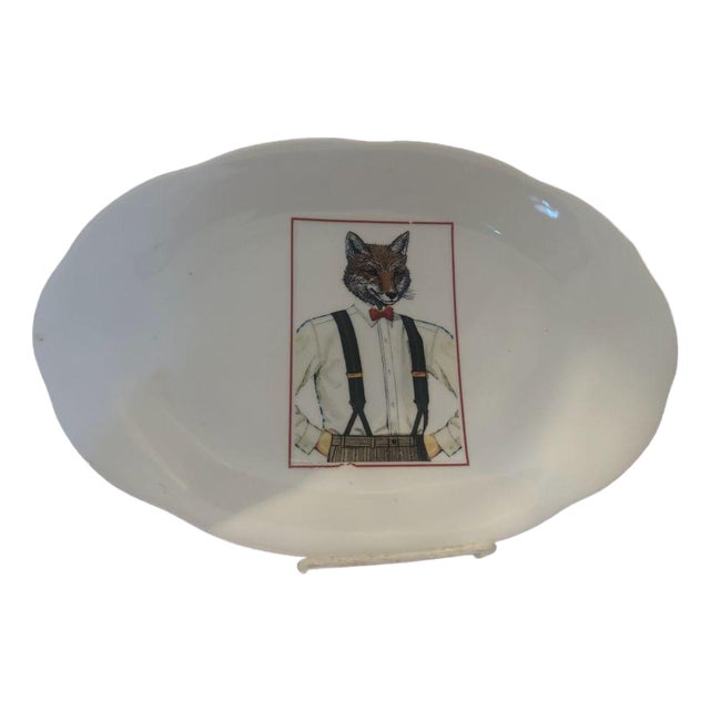 Contemporary Shabby Chic Fox With Suspenders and Bow Tie Porcelain Platter For Sale