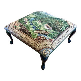 1980s Vintage Tapestry Cushioned Footstool Depicting a Pastoral Village Scene For Sale